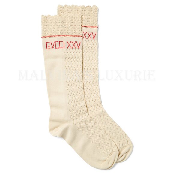 GUCCI DRESS SOCKS XXV KNITTED COTTON CROCHET SCALLOP TOP EMBROIDERED LOGO - Picture 10 of 10